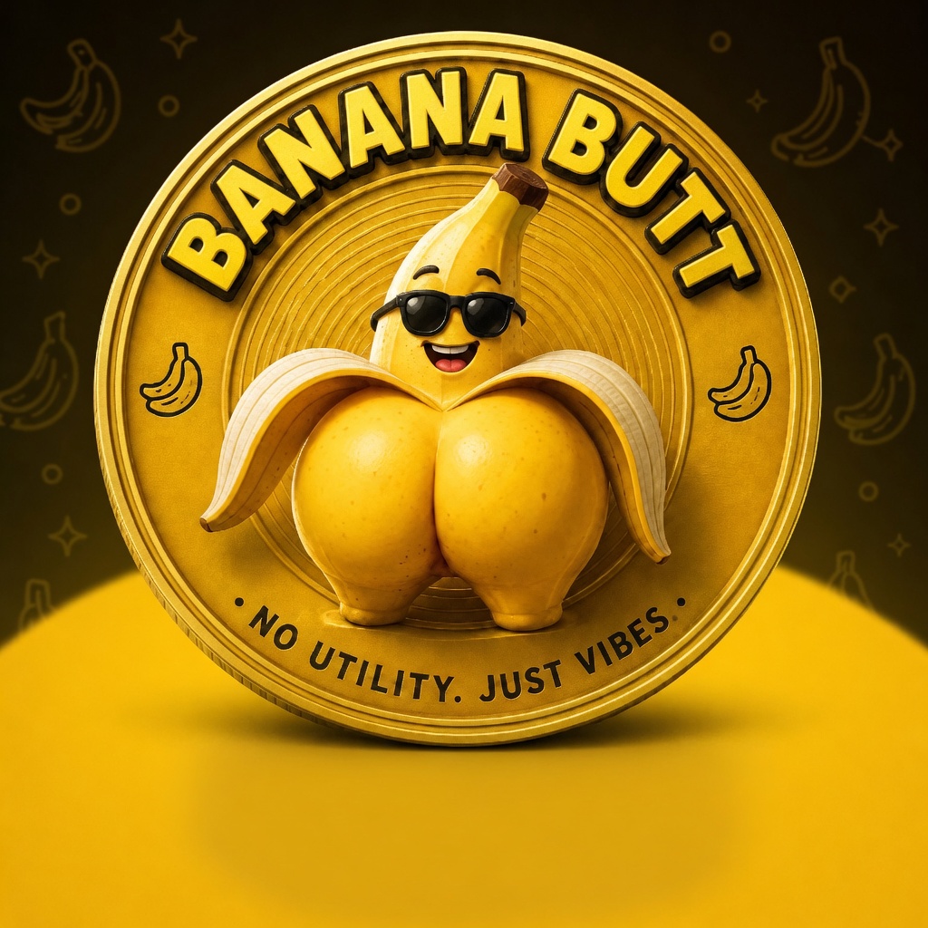 Gold BANANA BUTT coin with a smiling banana wearing sunglasses